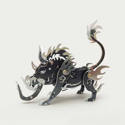 Mythical Boar 3D puzzle Metal Kit - A mysterious fun toy for culture and mythology lovers, this DIY assembled table funny piece features a bold, intricate, and legendary mythical beast design. It invites you to craft a piece of enigma part by part, and the finished obsidian mythical boar, with its striking black and silver details, becomes a dynamic desktop ornament, making it a compelling fun toy full of mythical allure.