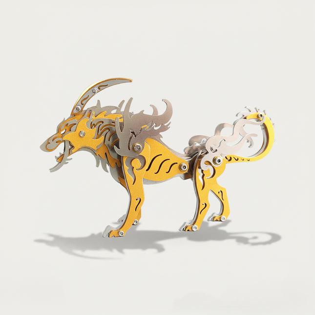 Golden-Silver Mythical Wolf 3D puzzle Metal Kit - A splendid fun toy for mythology and craft lovers, this DIY assembled table funny piece features a sleek, intricate, and legendary mythical beast design. It invites you to craft a piece of elegance part by part, and the finished golden-silver mythical wolf, with its refined metallic hues, becomes a sophisticated desktop ornament, making it a stately fun toy full of mythical allure.