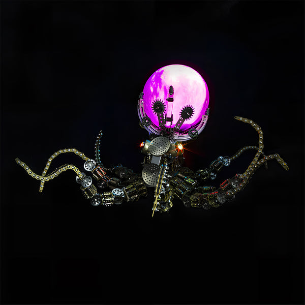 Steampunk **3D metal puzzle** octopus illuminating a glowing purple planet lamp, featuring intricate gear details on a black background.