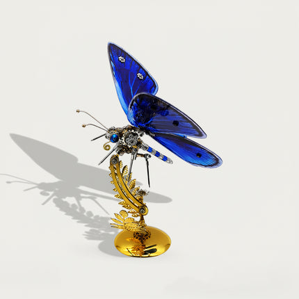 Gleaming sapphire-blue mechanical butterfly DIY 3D puzzle metal model - versatile funny table decor for home living rooms, office desks & gift-giving, assembled from intricate metal kits with ornate golden stand