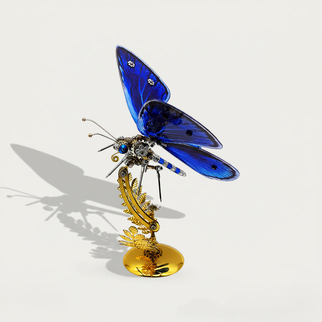 Gleaming sapphire-blue mechanical butterfly DIY 3D puzzle metal model - versatile funny table decor for home living rooms, office desks & gift-giving, assembled from intricate metal kits with ornate golden stand