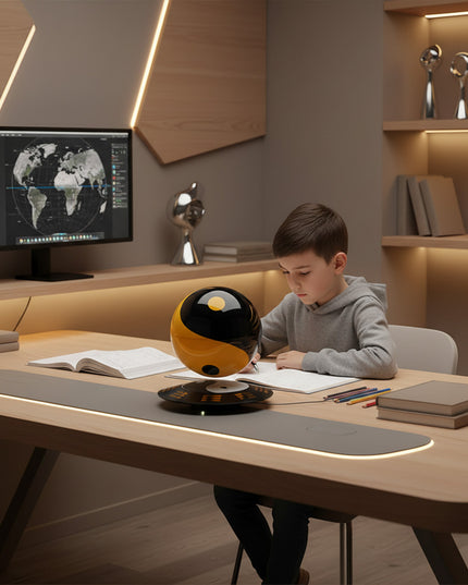 Floating anti-gravity yin-yang orb levitating over a circular base with control panel, placed beside textbooks and pencils while a child studies in a softly lit room
