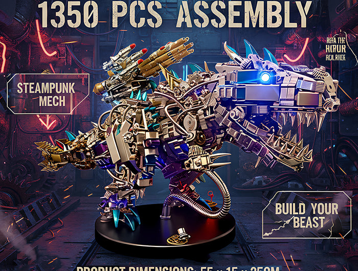 This is a 3D Puzzle Metal Kits product: a 1350-piece steampunk mech dinosaur, sized 55×15×25cm and weighing 11.11LB. Crafted from metal, it features a vibrant purple-silver-gold color scheme, detailed mechanical structures (including weapon-like components), a glowing eye, and a display base.Highlighted by its metal construction, massive part count, and bold steampunk-mech style, it’s an immersive metal puzzle collectible blending assembly art and mechanical beast design.