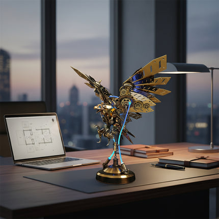  Steampunk mechanical eagle metal model displayed on a modern office desk, a sophisticated 3D puzzle for mechanical steampunk decor.