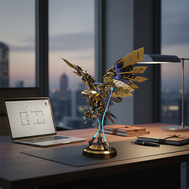  Steampunk mechanical eagle metal model displayed on a modern office desk, a sophisticated 3D puzzle for mechanical steampunk decor.