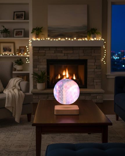 Cozy living room at night with a magnetic levitation galaxy orb lamp floating above a wood-grain base on a coffee table in front of a glowing fireplace – modern ambient home décor