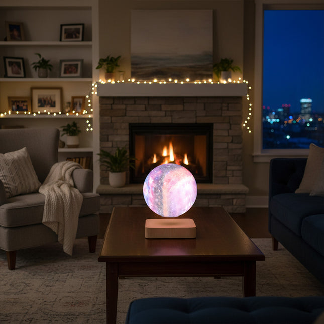 Cozy living room at night with a magnetic levitation galaxy orb lamp floating above a wood-grain base on a coffee table in front of a glowing fireplace – modern ambient home décor