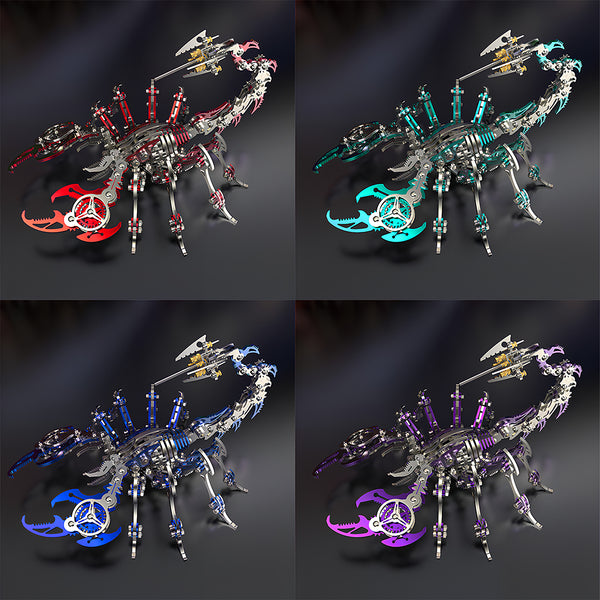 Assorted Color Scorpion 3D Puzzle Metal Kits Collection - Red, teal, blue, and purple DIY metal model variants. These intricate 3D puzzle kits feature movable mechanical parts, polished colored metal components, and golden accents—each assembling into a lifelike decor piece perfect for styling a personalized funny table.