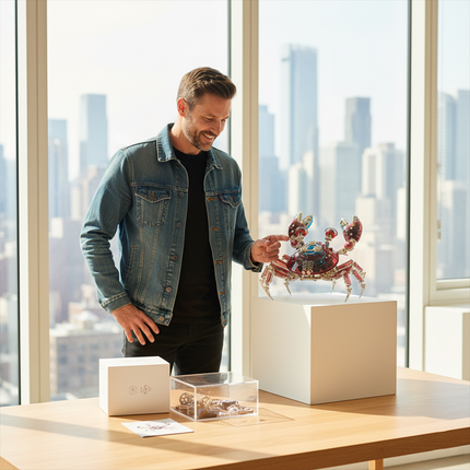 Man admiring a detailed Crab Metal Model displayed on a funny table in a bright room, showcasing a completed DIY 3D puzzle.