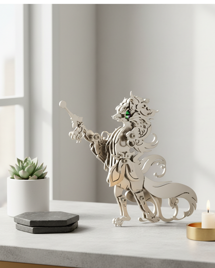 A sleek silver DIY 3D puzzle metal kit warrior model with emerald green gemstone eyes elegantly displays on a minimalist table, flanked by a potted succulent and a lit candle. This exquisite metal sculpture serves as a charming and whimsical tabletop accent or a sophisticated decorative piece for any contemporary interior design