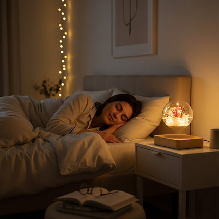 Floating anti-gravity glass floral orb with preserved blossoms and crystals levitating over a wooden base, casting a warm glow beside a sleeping woman in a cozy bedroom