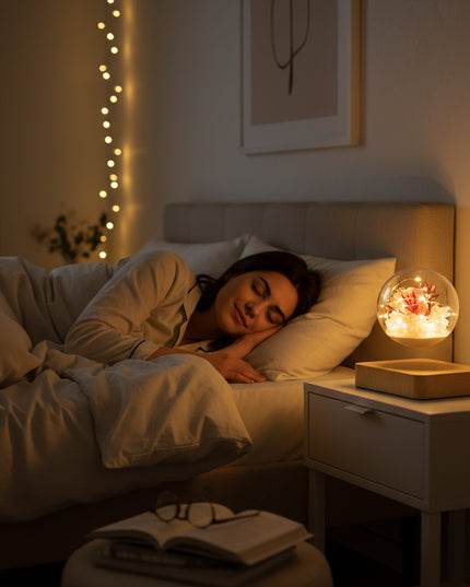 Floating anti-gravity glass floral orb with preserved blossoms and crystals levitating over a wooden base, casting a warm glow beside a sleeping woman in a cozy bedroom