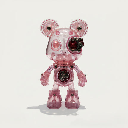 This is the finished product of a translucent pink cyber-mechanical bear model (front view). Its transparent shell allows direct visibility of internal gears and mechanical components, blending a sweet-edgy, trendy aesthetic with a futuristic tech vibe. Perfect for girls' desks, minimalist display shelves, bedroom surfaces, and similar settings, it serves as a fun DIY metal assembly decorative piece.