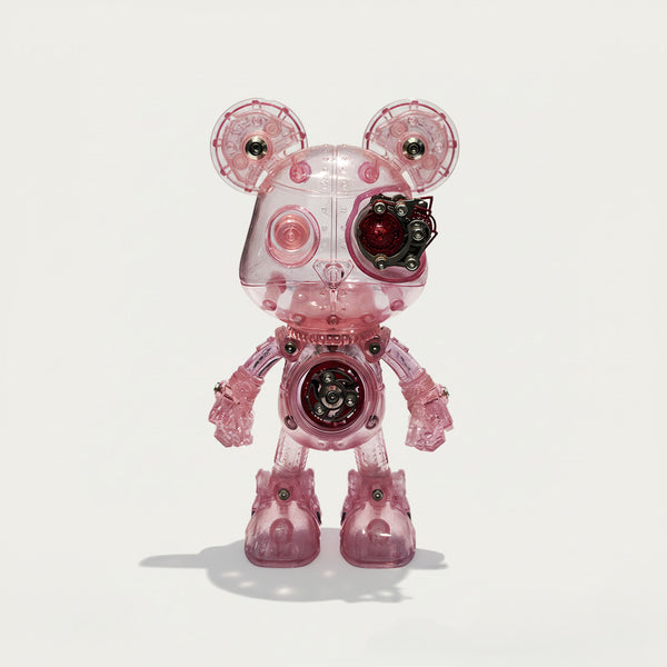 This is the finished product of a translucent pink cyber-mechanical bear model (front view). Its transparent shell allows direct visibility of internal gears and mechanical components, blending a sweet-edgy, trendy aesthetic with a futuristic tech vibe. Perfect for girls' desks, minimalist display shelves, bedroom surfaces, and similar settings, it serves as a fun DIY metal assembly decorative piece.