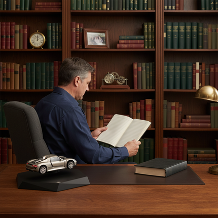 A hovering sports car desktop model rests atop a streamlined black anti-gravity base, positioned beside a man reading in his home study—a contemporary magnetic levitation desktop ornament