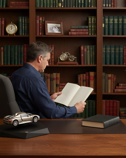 A hovering sports car desktop model rests atop a streamlined black anti-gravity base, positioned beside a man reading in his home study—a contemporary magnetic levitation desktop ornament
