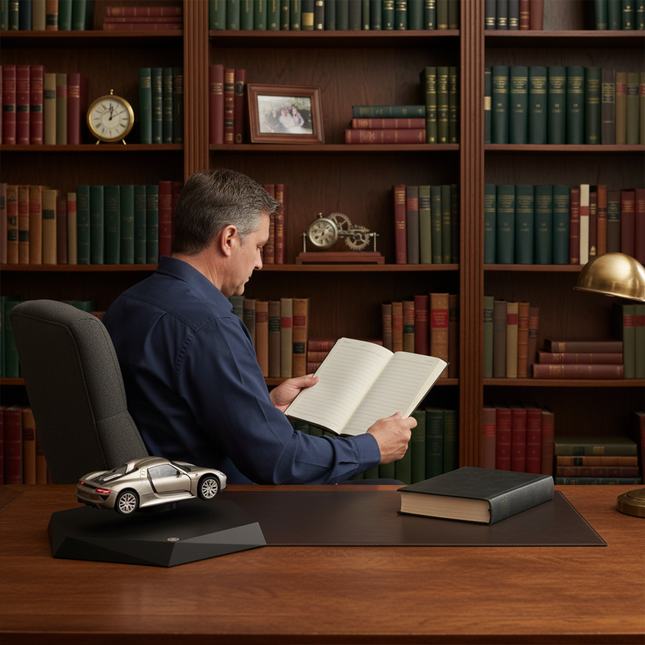 A hovering sports car desktop model rests atop a streamlined black anti-gravity base, positioned beside a man reading in his home study—a contemporary magnetic levitation desktop ornament