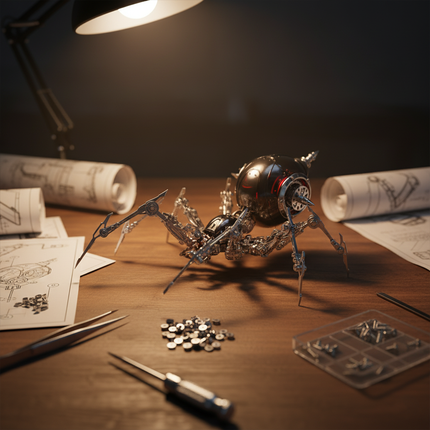 A partially assembled metallic spider model with a dark, glossy body and intricate legs, placed on a wooden workbench amidst blueprints, small parts, and tools under a bright desk lamp. This complex DIY project from our 3D puzzle metal kits offers a rewarding building experience, culminating in a sophisticated metal model that serves as a unique and funny table display.
