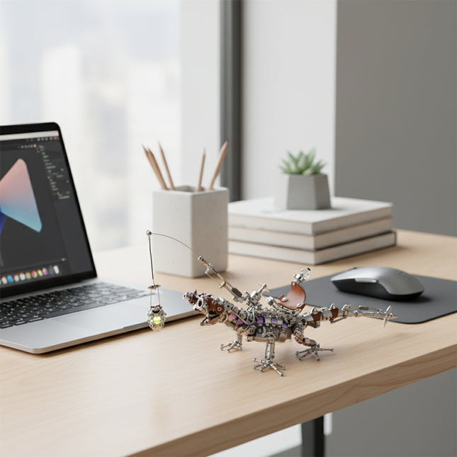   A steam punk mech dragon maquette en metal with a rider, displayed on a modern office desk next to a laptop and mouse. This detailed steampunk puzzle is an engaging 3d metal model kit for adults, adding a unique touch to any workspace.