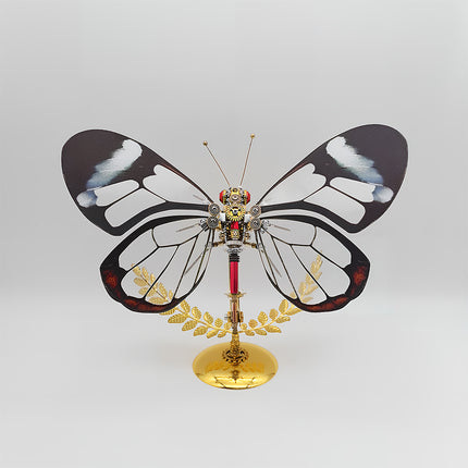 Assembled 3D puzzle metal kits - unique transparent-wing steampunk butterfly metal model, creative DIY funny table craft with gear & red accents