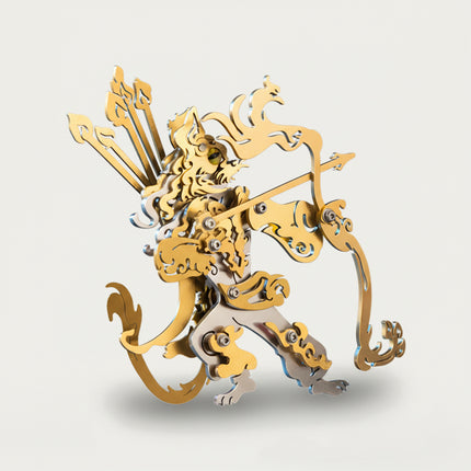 Golden mythical archer 3D puzzle Metal Kits - DIY assembled funny table metal model, providing fun and challenging assembly, luxurious golden design, and intricate metal artistry for eye-catching desktop decoration
