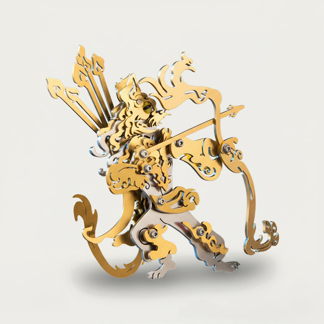 Golden mythical archer 3D puzzle Metal Kits - DIY assembled funny table metal model, providing fun and challenging assembly, luxurious golden design, and intricate metal artistry for eye-catching desktop decoration