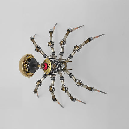  Detailed steam punk mech spider model, a challenging steampunk puzzle for adults featuring a golden dome, gears, and eight articulated metal legs.
