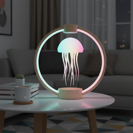 Elegant levitating jellyfish lamp with a light wood frame, casting a soft, colorful glow on a white side table in a cozy living room. A charming and funny table addition