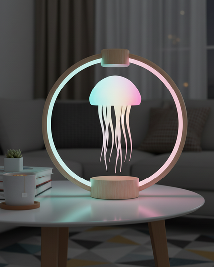 Tablefunny Colorful Magnetic Levitation Jellyfish Lamp - 360° Rotating Dimmable Ambient Night Light (Blue/Light Wood Grain Base)