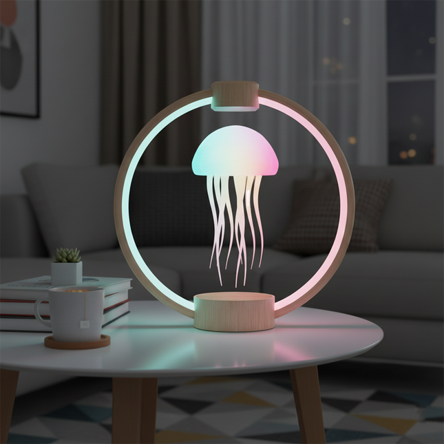 Tablefunny Colorful Magnetic Levitation Jellyfish Lamp - 360° Rotating Dimmable Ambient Night Light (Blue/Light Wood Grain Base)