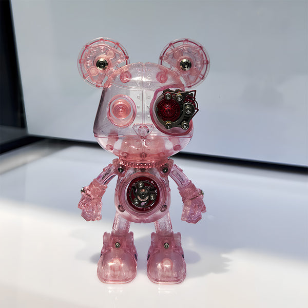 DIY 3D Puzzle Model - Transparent Pink Mechanical Bear Figurine with Gear Details, Fun Desktop Decoration for Girls' Desks and Trendy Display Shelves