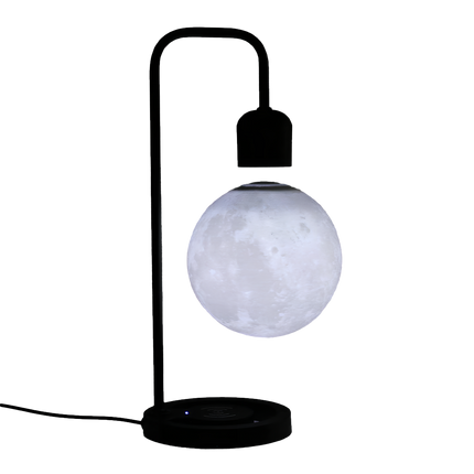 A stunning magnetic levitation moon lamp featuring a textured lunar surface floating above a sleek black base with a transparent background