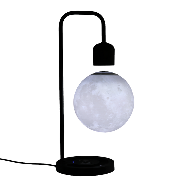 A stunning magnetic levitation moon lamp featuring a textured lunar surface floating above a sleek black base with a transparent background