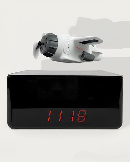 Magnetic Levitation Plane Digital Clock - A playful tech decor piece for aviation fans, gadget lovers, and daily life users, this is a magnetic levitation plane-themed digital clock. It features a floating white plane model (with propeller details), a sleek black digital display base (with red LED readout), and a stable magnetic levitation structure, paired with a modern playful aesthetic. Highlighted by its eye-catching floating plane design