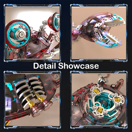 Detail Showcase: Four close-up views of a mechanical steampunk crab mech 3D puzzle metal kit, highlighting intricate gears, claws, propulsion-like parts, and glowing core, an ideal steampunk puzzle for hobbyists.