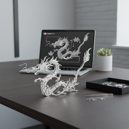 A partially assembled Chinese dragon 3D puzzle metal model, a DIY metal kit, on a modern desk with a laptop showing the assembly instructions. This intricate metal model makes for a captivating and funny table decoration