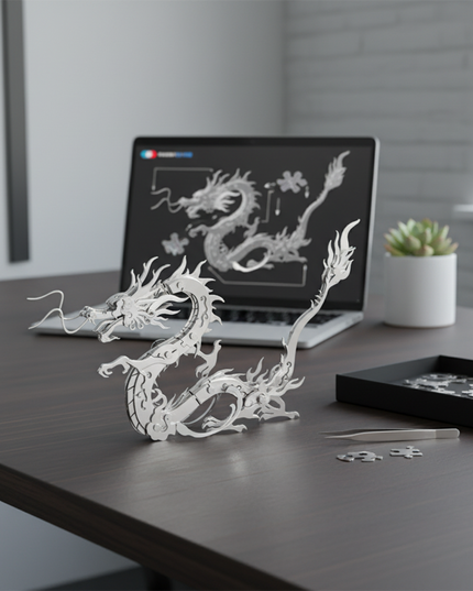 A partially assembled Chinese dragon 3D puzzle metal model, a DIY metal kit, on a modern desk with a laptop showing the assembly instructions. This intricate metal model makes for a captivating and funny table decoration