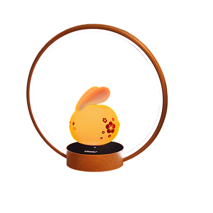Yellow floral-patterned bunny magnetic levitation desk lamp with wooden LED halo ring – floating decorative night light