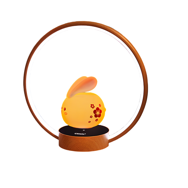 Yellow floral-patterned bunny magnetic levitation desk lamp with wooden LED halo ring – floating decorative night light