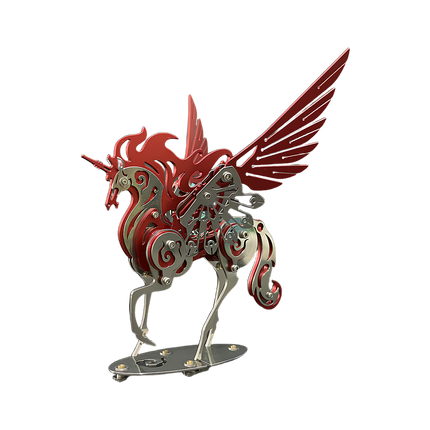 Vibrant red and silver winged unicorn metal model, an eye-catching DIY 3D puzzle ideal for fantasy collectors. This exquisite Metal Kits offers a visually stunning funny table centerpiece or unique decorative item
