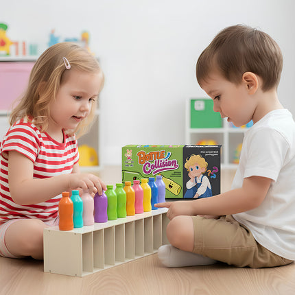 Two kids excitedly playing with the Tablefunny Bottle Collision game, smashing colorful soft bottles on a wooden stand – a fun and safe sensory toy for children's interactive playtime