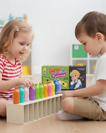 Two kids excitedly playing with the Tablefunny Bottle Collision game, smashing colorful soft bottles on a wooden stand – a fun and safe sensory toy for children's interactive playtime