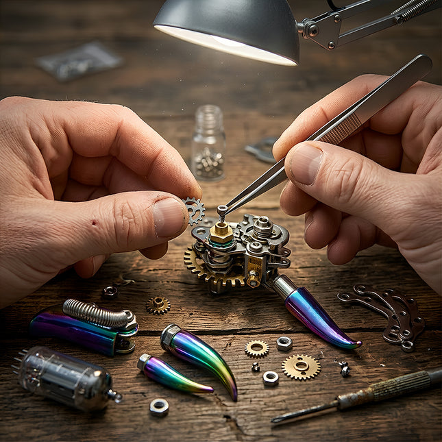 Close-up of hands meticulously assembling small gears and components with tweezers, working on an intricate metal kits 3d puzzle under a bright desk lamp. This detailed DIY metal model demonstrates precision craftsmanship.