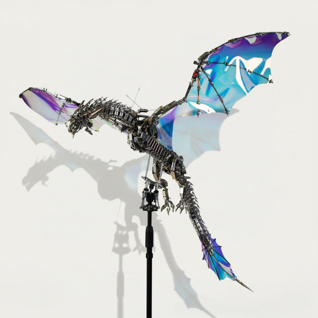 DIY 3D puzzle Metal Kits - Breathtaking "Dragon" mecha model: Iridescent blue-purple holographic wings (shifting vivid hues in light), intricately interlocked metallic skeletal segments, sharply sculpted clawed limbs, & a dynamically posed frame—this masterfully assembled 3D puzzle metal kit blends futuristic mechanical artistry with mythical dragon aesthetics, making it a showstopping centerpiece.