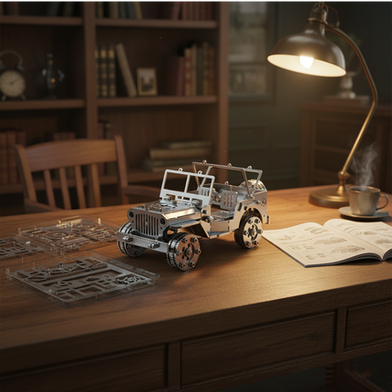 Assembled 3D metal puzzle model of a vintage Willys Jeep on a wooden desk in a study, a DIY craft kit for adults displayed next to its parts and instruction manual under a warm desk lamp