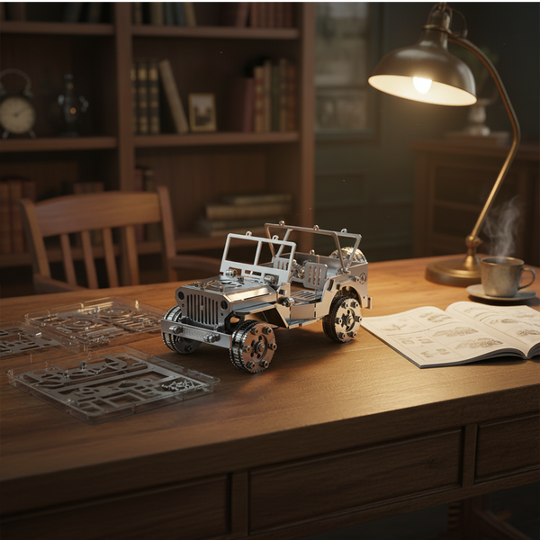 Assembled 3D metal puzzle model of a vintage Willys Jeep on a wooden desk in a study, a DIY craft kit for adults displayed next to its parts and instruction manual under a warm desk lamp