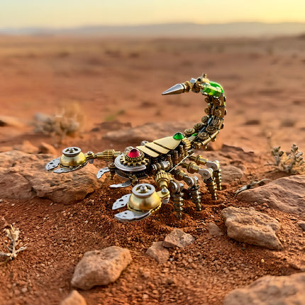 Realistic outdoor photography of a steam punk mech scorpion, showcasing the intricate gear-driven design of the metal model.