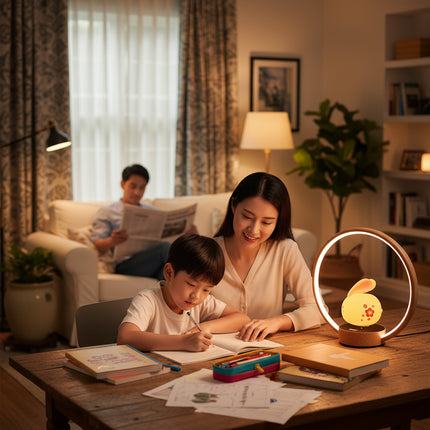 Magnetic levitation bunny LED night light floating inside a wooden ring lamp — warm, non‑glaring study and bedside light shown with a parent helping a child in a cozy living room