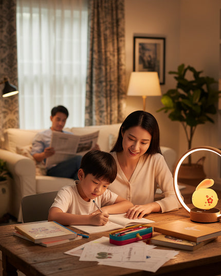 Magnetic levitation bunny LED night light floating inside a wooden ring lamp — warm, non‑glaring study and bedside light shown with a parent helping a child in a cozy living room