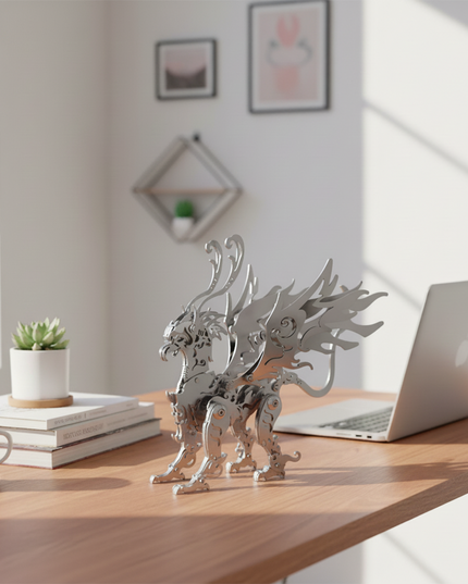 A gleaming silver metal model kit stands proudly on a modern wooden desk, flanked by a laptop and a potted succulent. This elegant 3D puzzle makes an excellent DIY project, serving as an eye-catching and intriguing desktop centerpiece that showcases the intricate craftsmanship of precision metal modeling